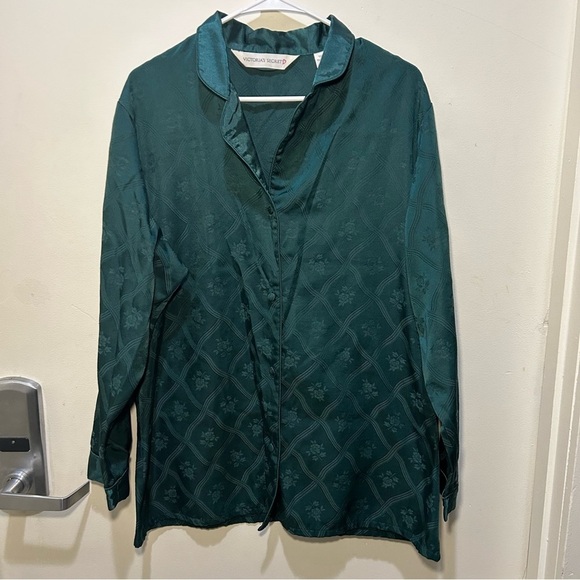 Victoria’s Secret 90s Vintage Green Floral Button Up Long Sleeve Pajama Top - Picture 1 of 12